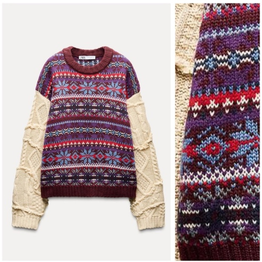 Zara purple patterned wool blend sweater with contrast sleeves raw seams, medium